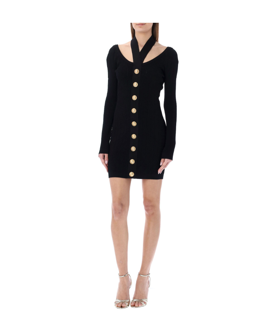 Balmain Black Viscose Button Mini Dress In Black