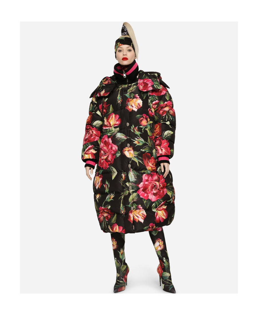 Dolce & Gabbana Floral-printed High-neck Long Coat In Black