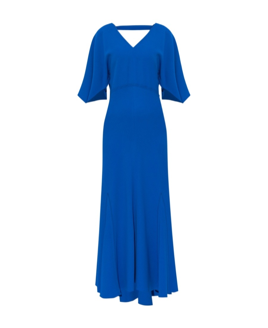 Victoria Beckham Hem Asymmetric Flared Midi V-neck Dress In Blue