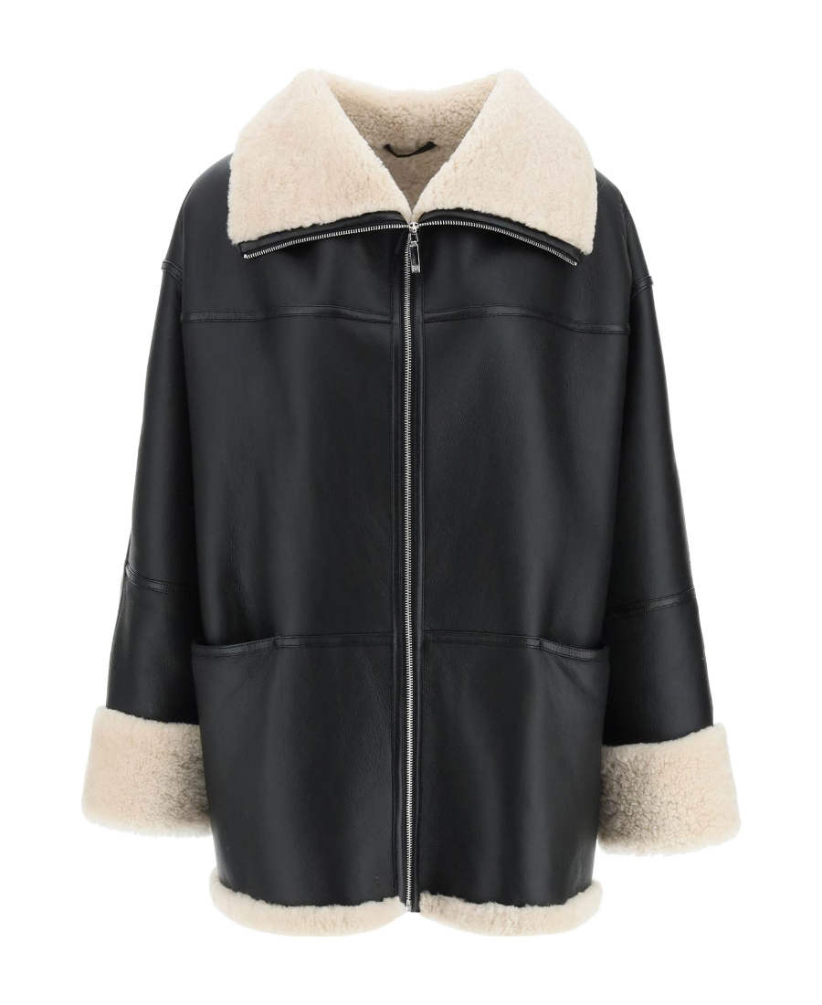 Shop Totême Shearling-lined Leather Jacket In Black