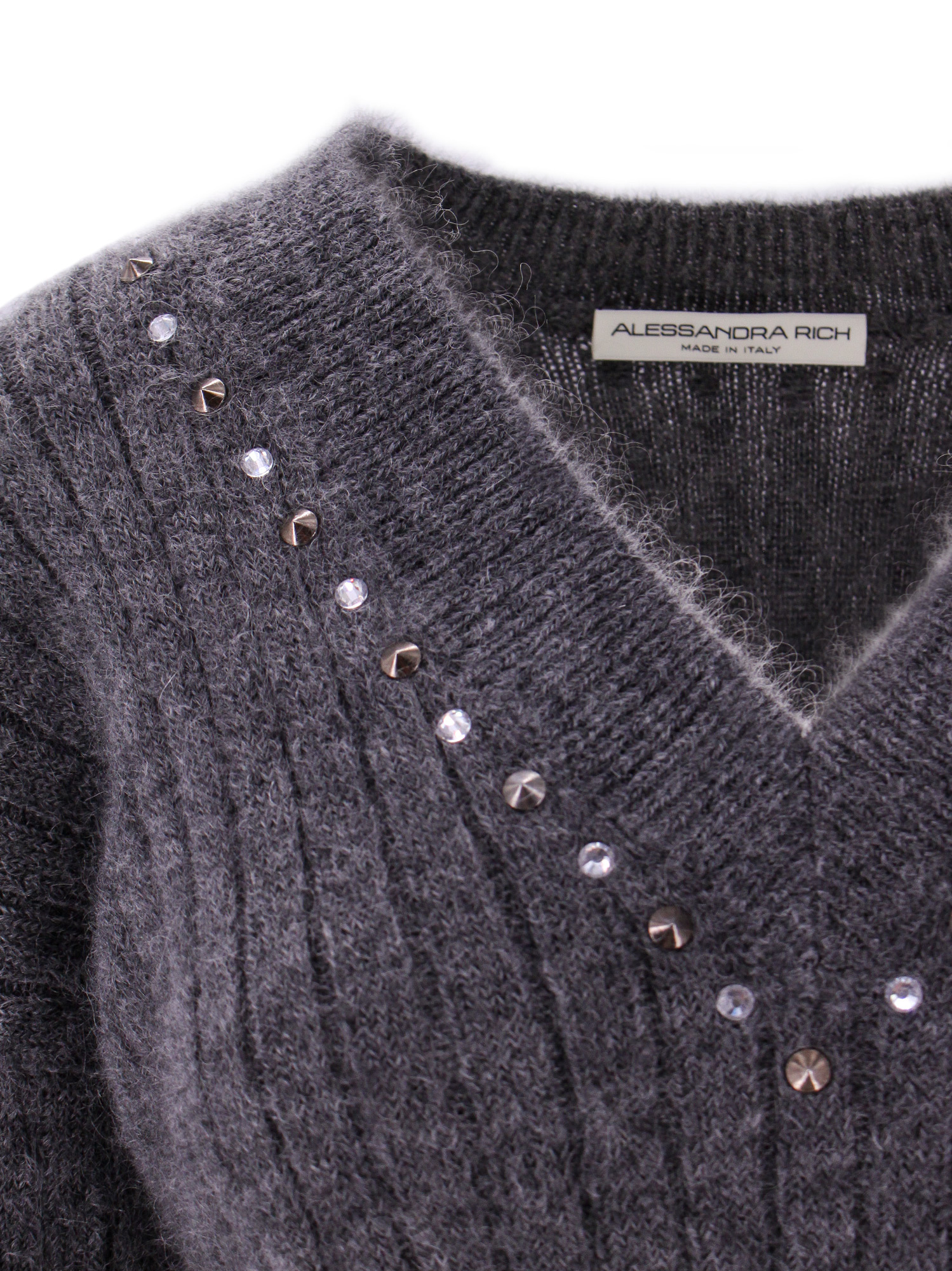 Alessandra Rich Wool Knit Sweater With Studs And Crystals In Black