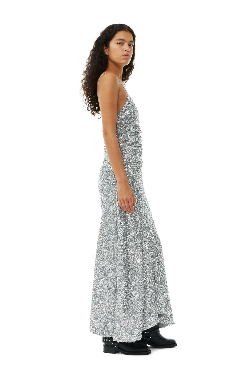 Ganni All-over Metallic Embellished Dress In Gray