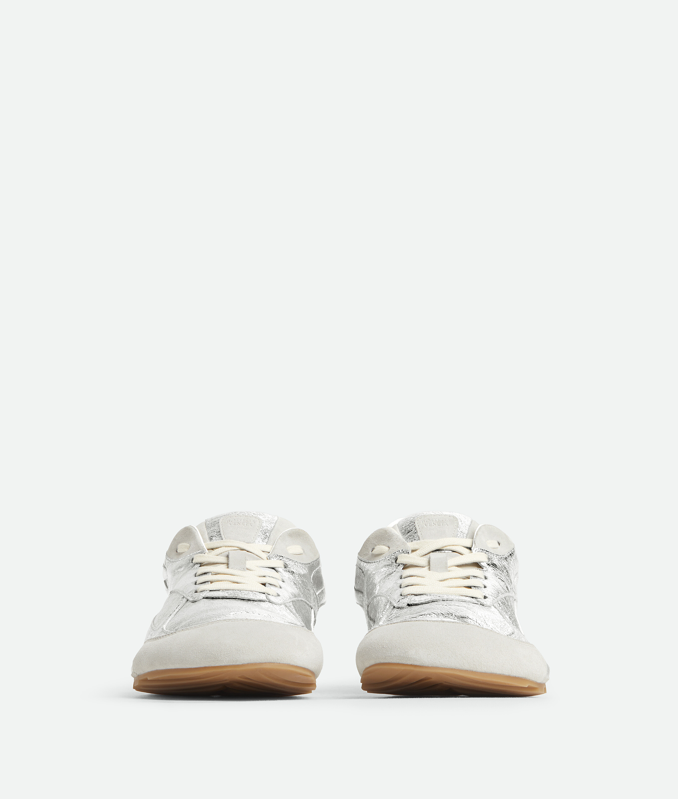 Bottega Veneta Orbit Flash Suede-trimmed Metallic Leather Sneakers In Silver
