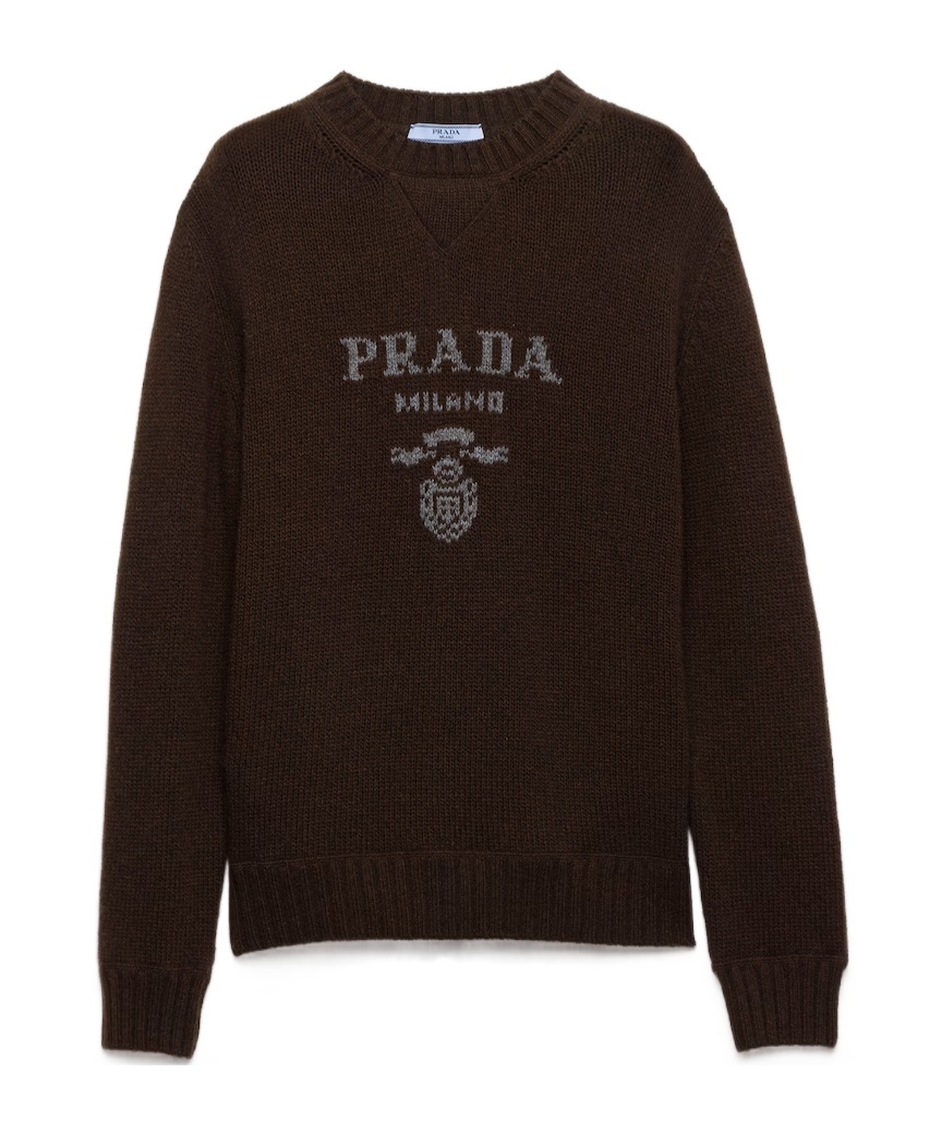 Prada Cashmere And Wool  Logo Crew-neck Sweater In Brown
