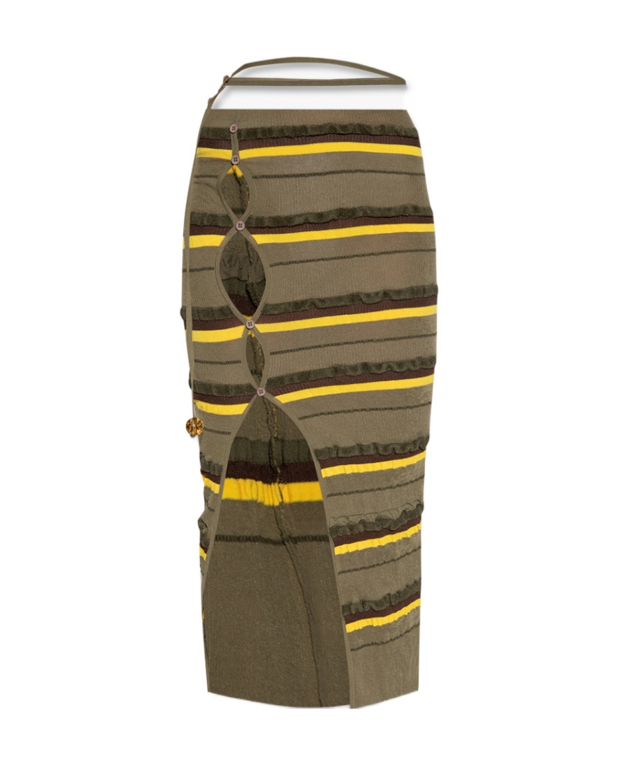 Jacquemus Concha Cutout Striped Seersucker Midi Skirt In Brown