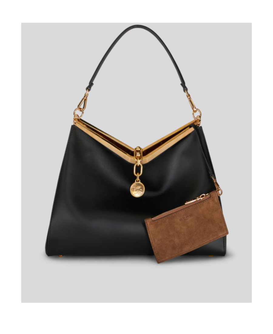 Etro 'small Vela' Black Shoulder Bag With Logo And Pegasus Charm In Black