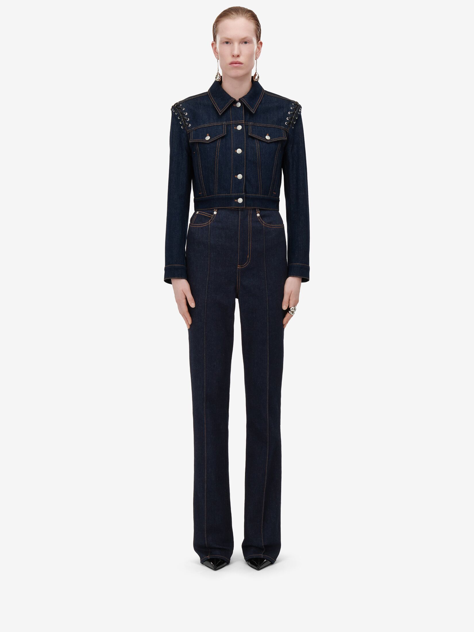 ALEXANDER MCQUEEN LACE-UP CROPPED DENIM JACKET