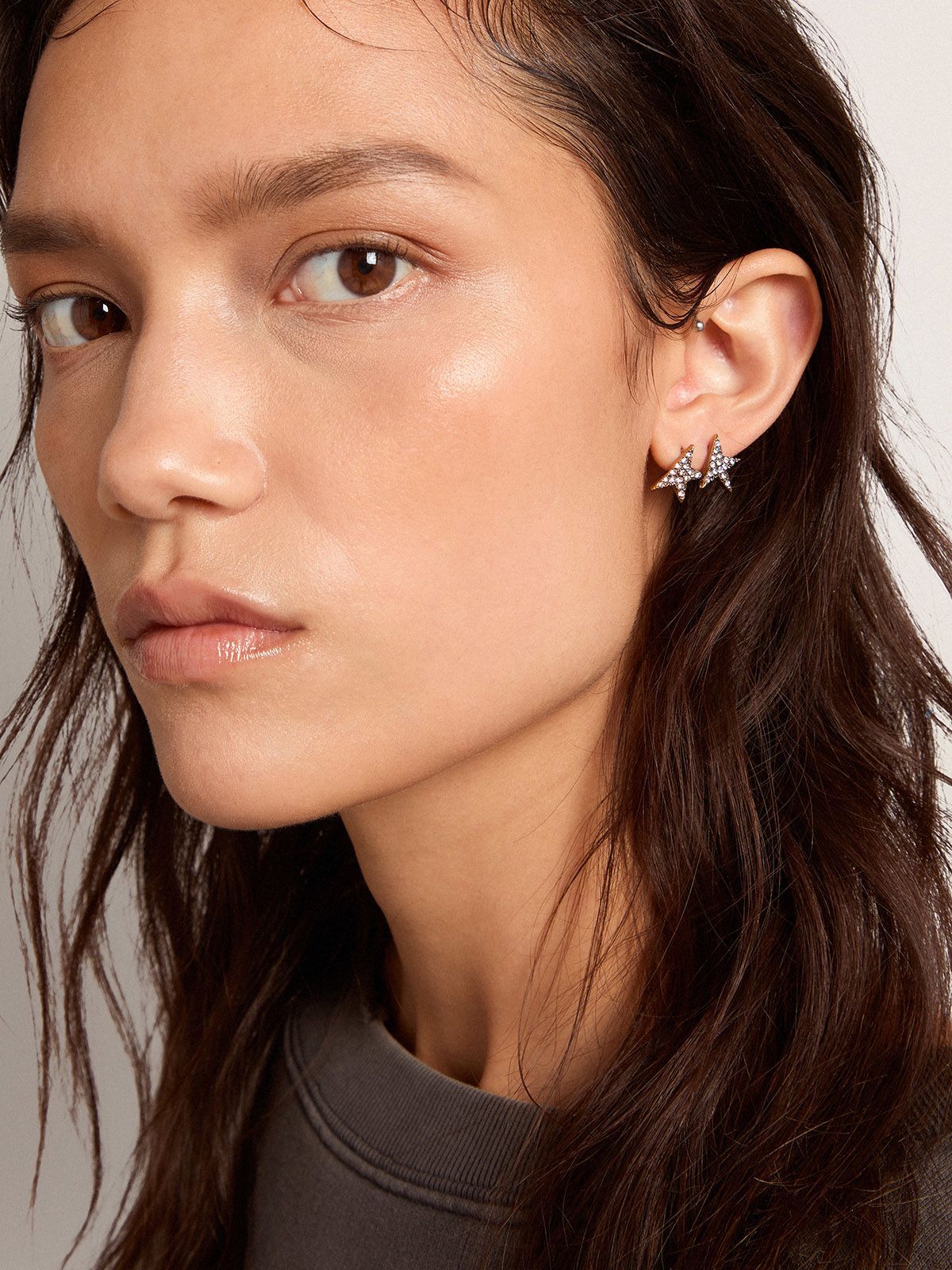 Golden Goose Star Jewelmates Collection Stud Earrings In Old Gold Color With Decorative Crystals In Yellow