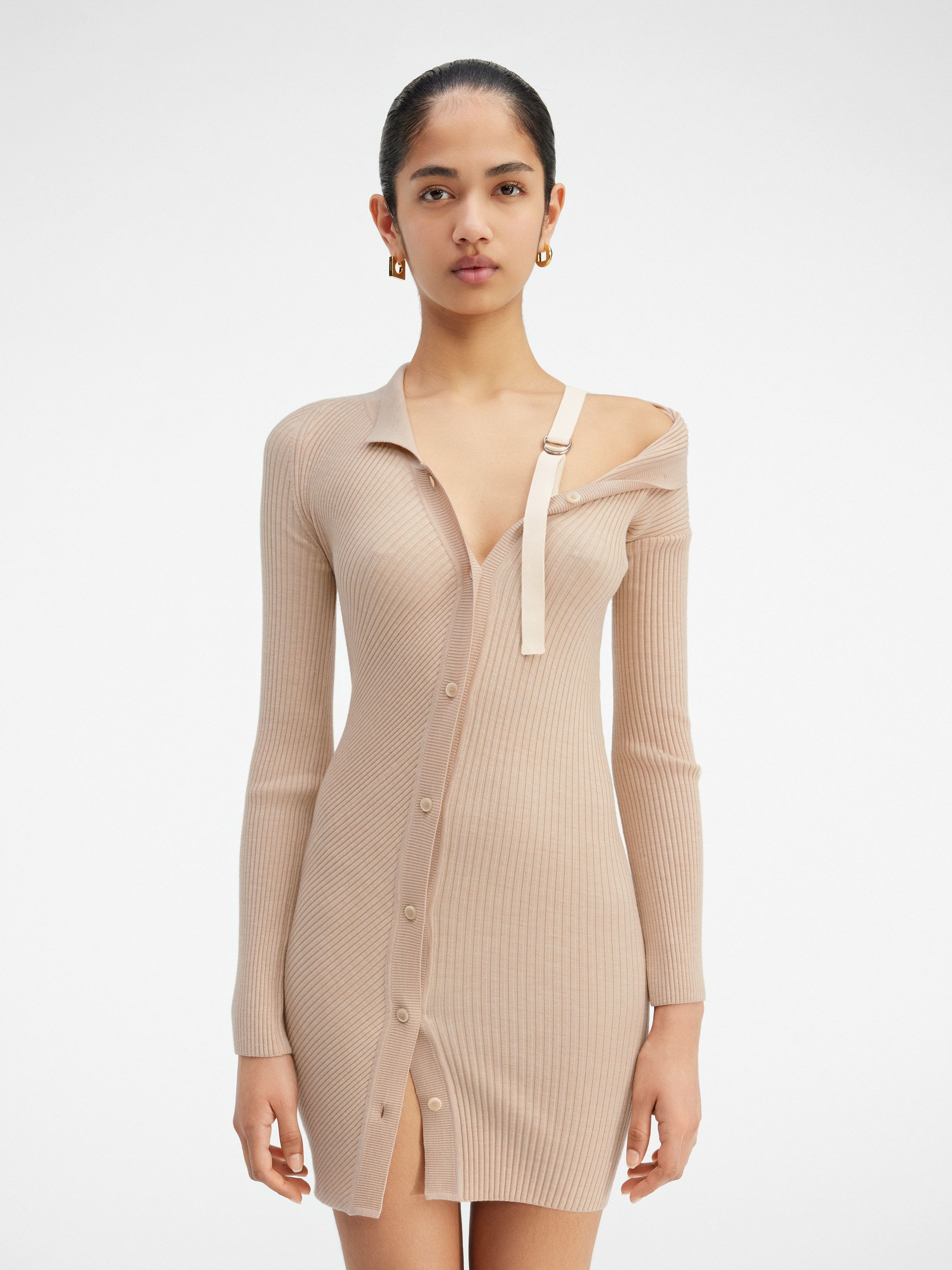Jacquemus La Robe Maille Colin Ribbed Mini Dress In Nude