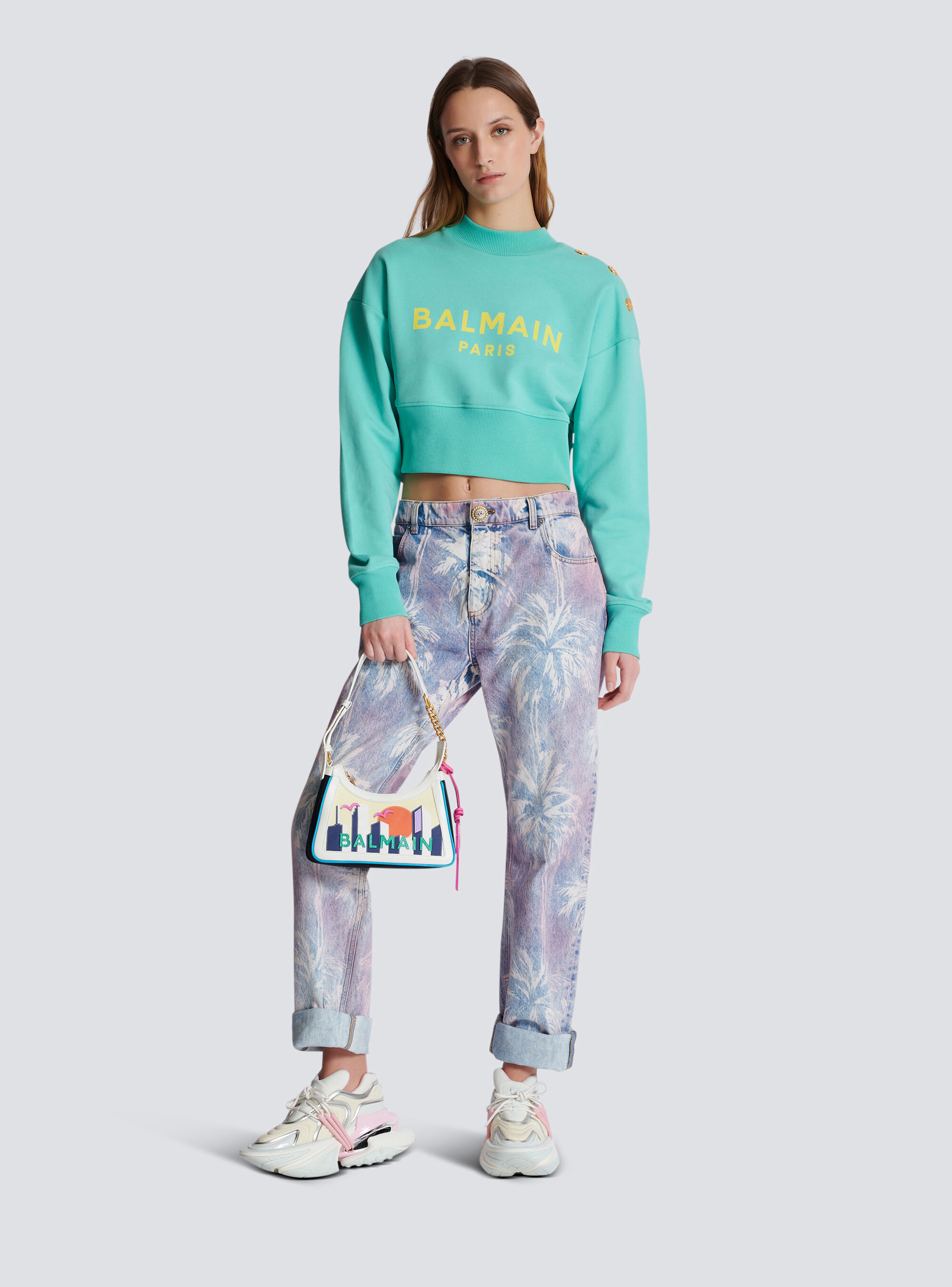 Balmain Logo-print Cropped Sweatshirt In Green