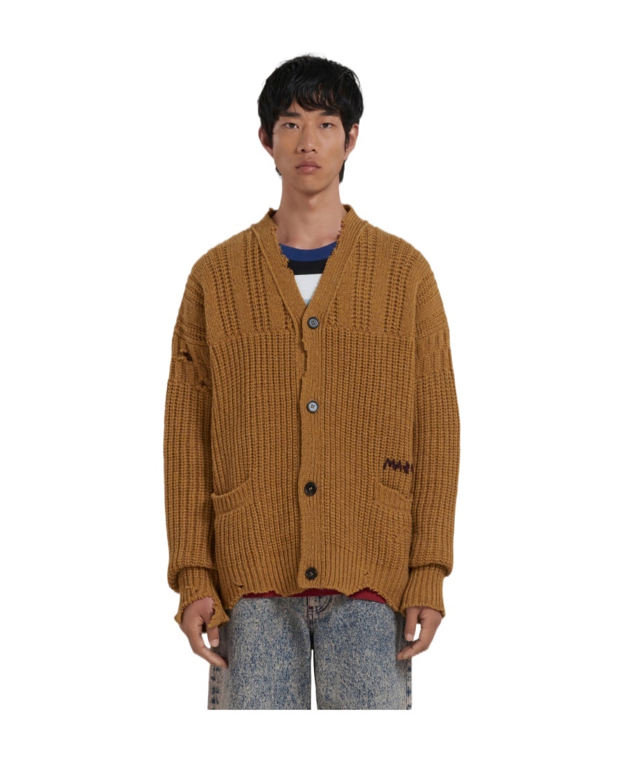 Marni Distressed-finish Cable-knit Cardigan In Brown