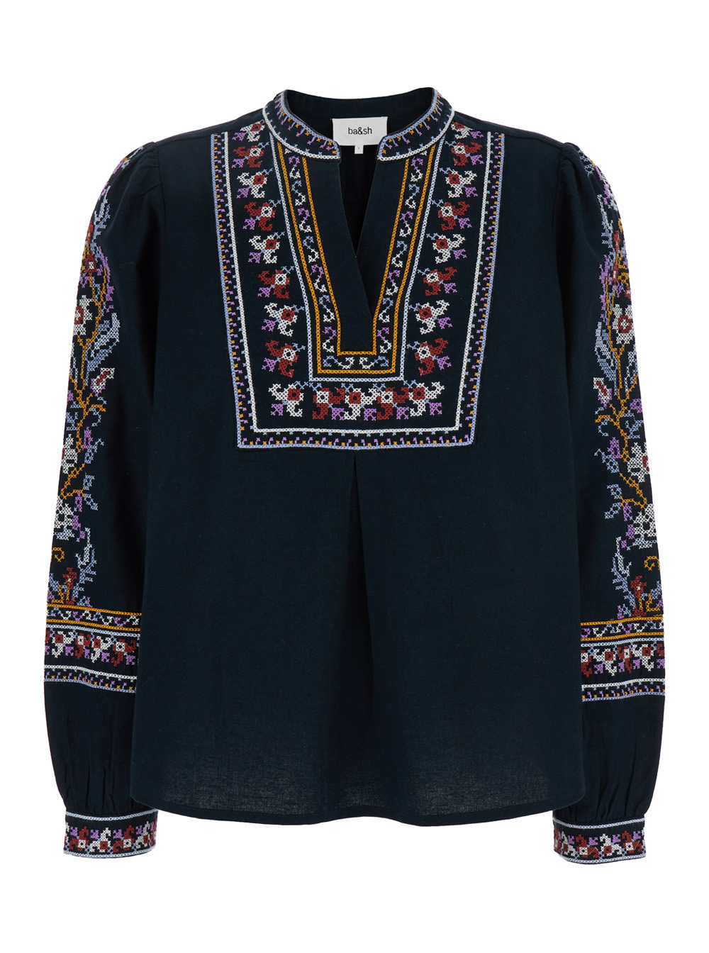 Bash 'caloe' Blue Blouse With Round Neck And All-over Embroidery In Cotton And Linen Blend In Black