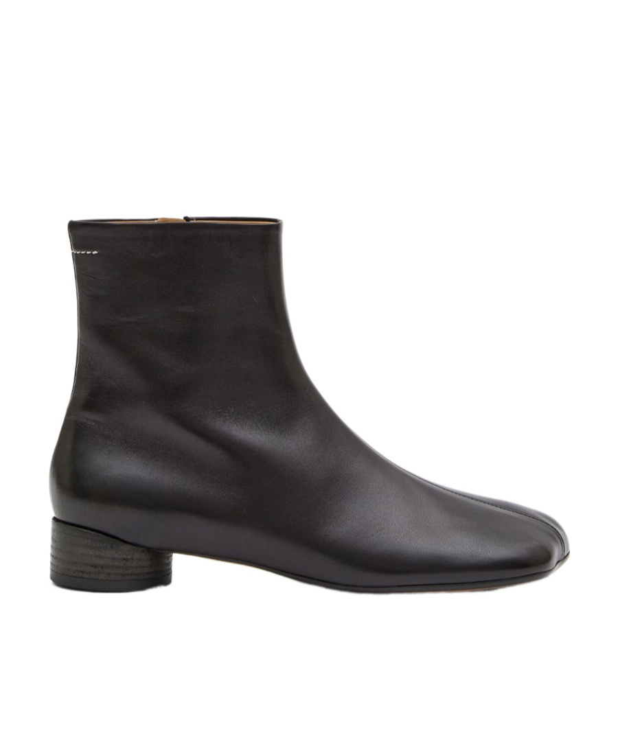 Shop Mm6 Maison Margiela Logo-embroidered Leather Ankle Boots In Black