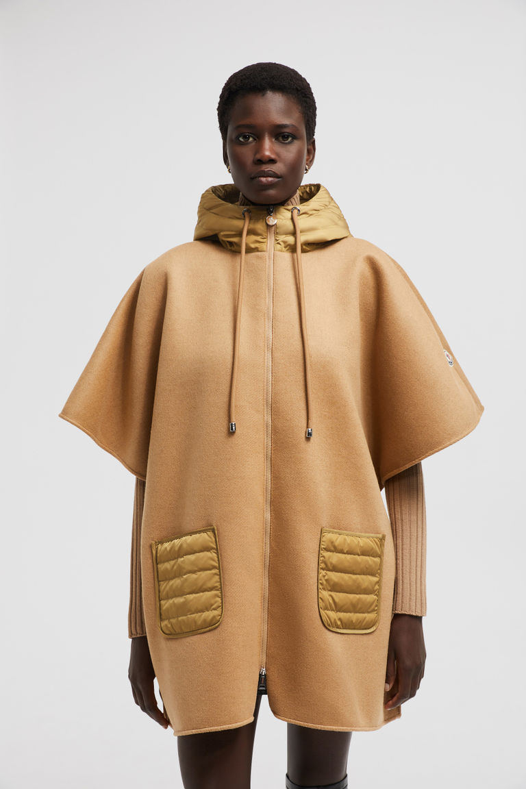Moncler Hooded Down Cape In Brown