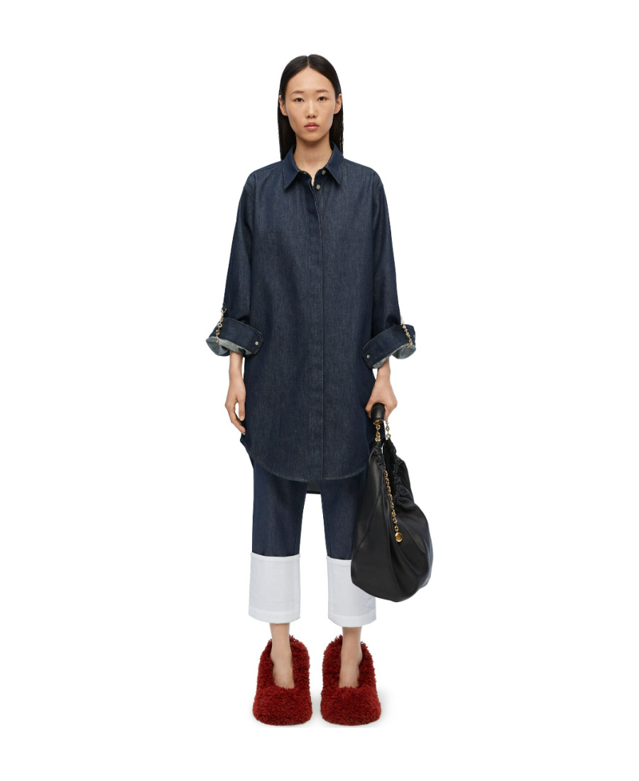 Loewe Chain Shirt Dress In Denim In Black