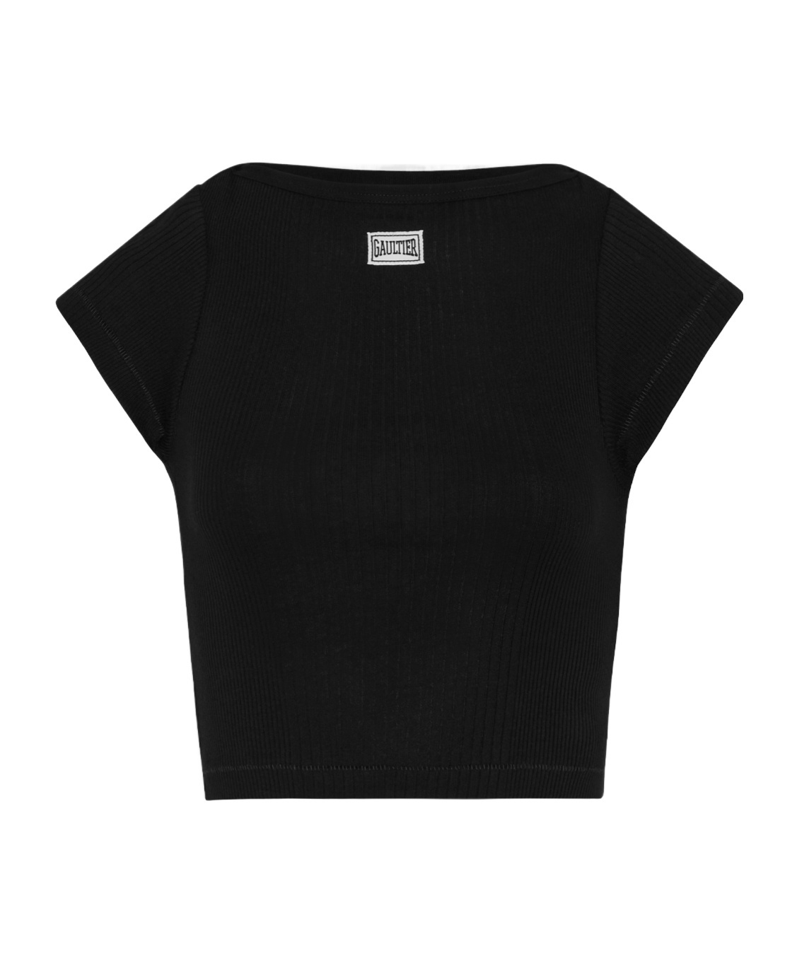 Jean Paul Gaultier Black Cropped Cotton Ribbed T-shirt With Logo In Black