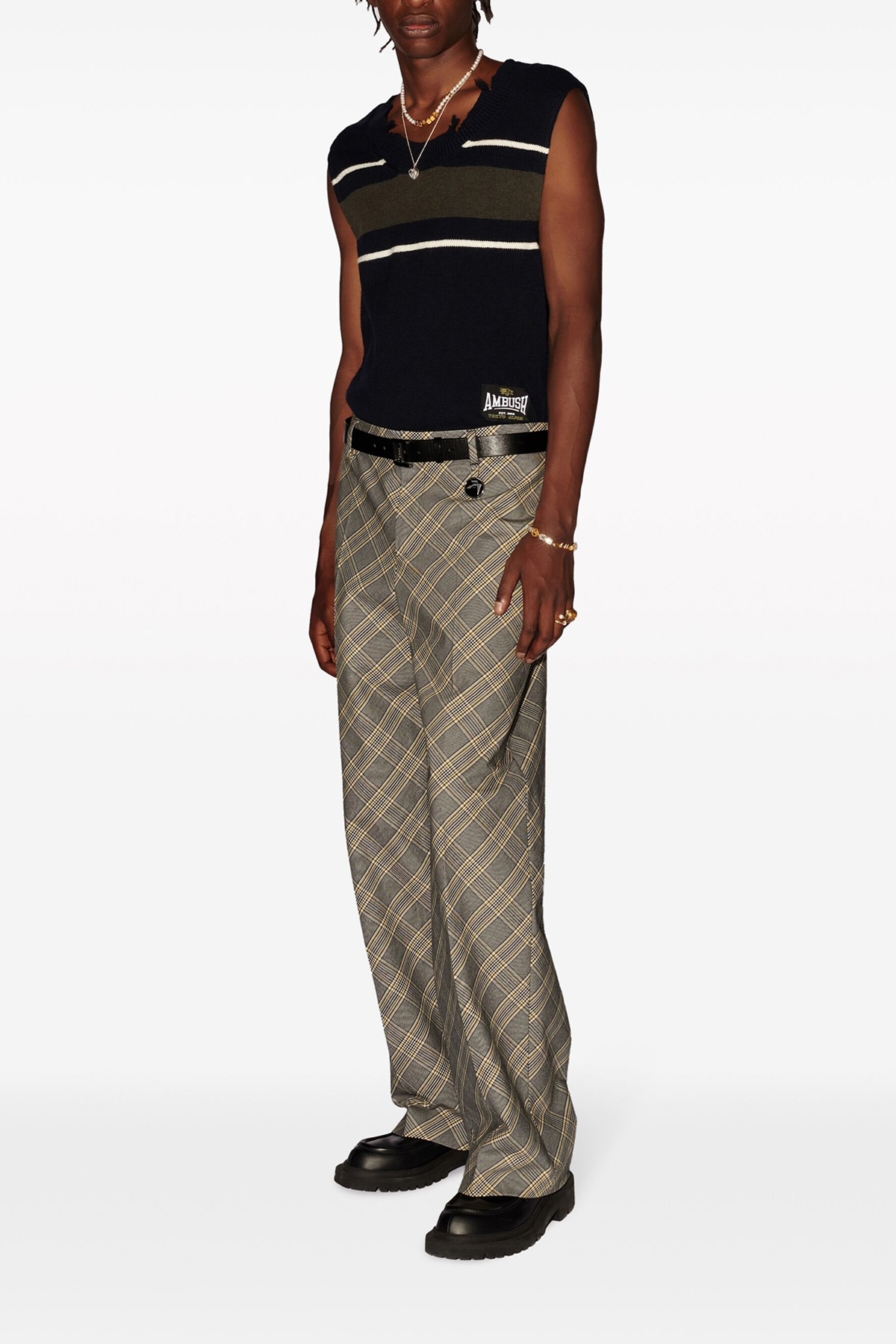 Ambush Check Print Cotton Trousers With Concealed Closure In Black