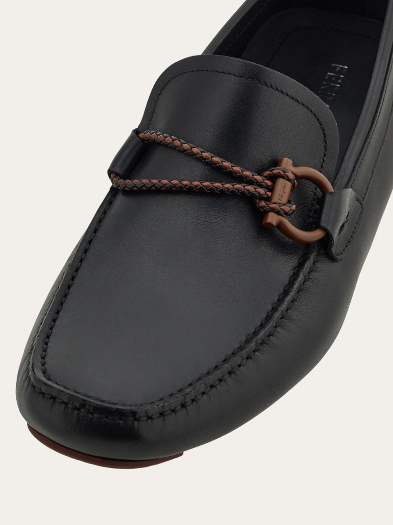 Ferragamo Gancini Ornamented Driver Loafers In Black