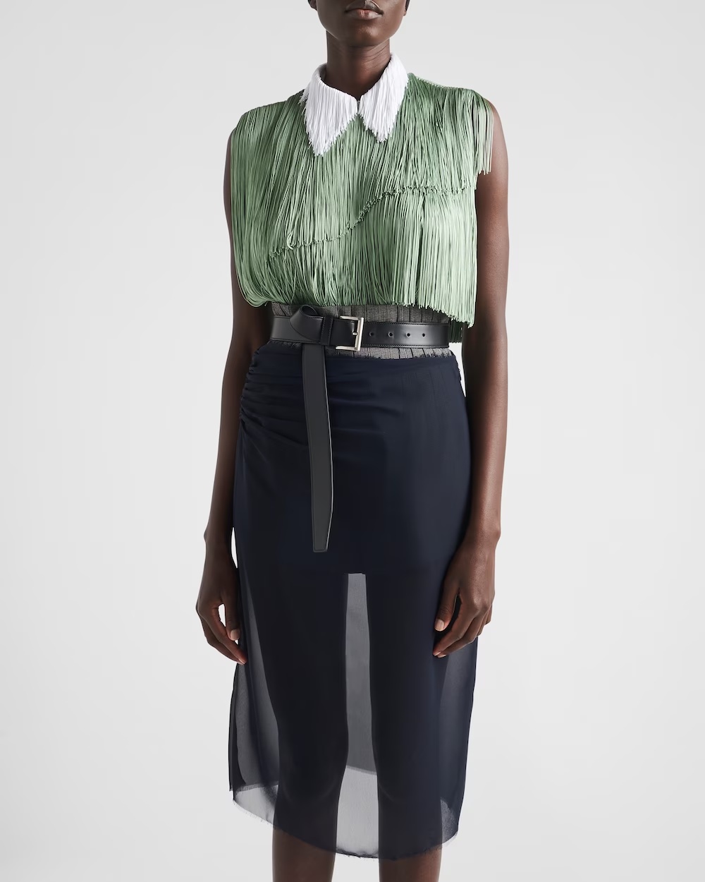 Prada Fringed Organza Blouse In Green
