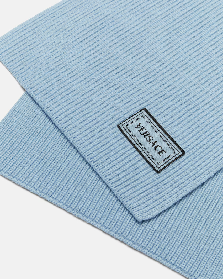 Versace Logo Patch Knitted Scarf In Blue
