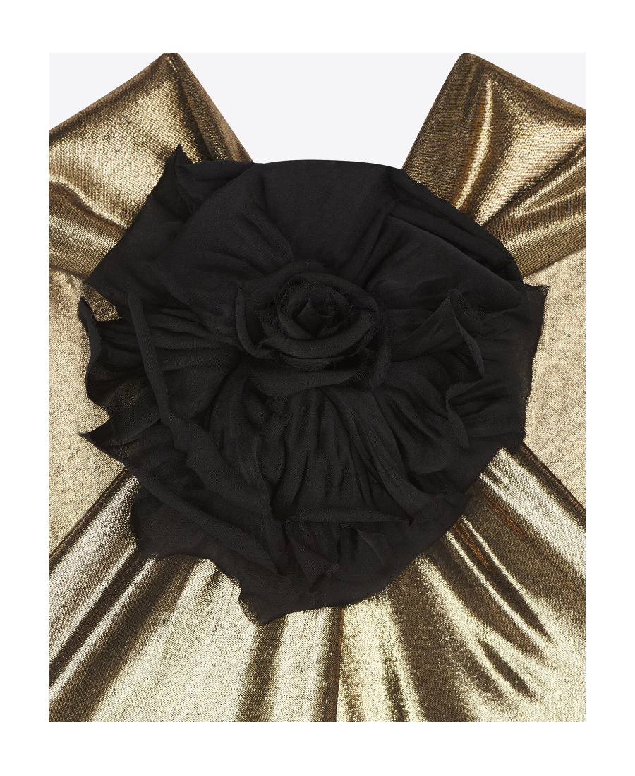 Saint Laurent Flower-applique Cutout Ruched Metallic Dress In Brown