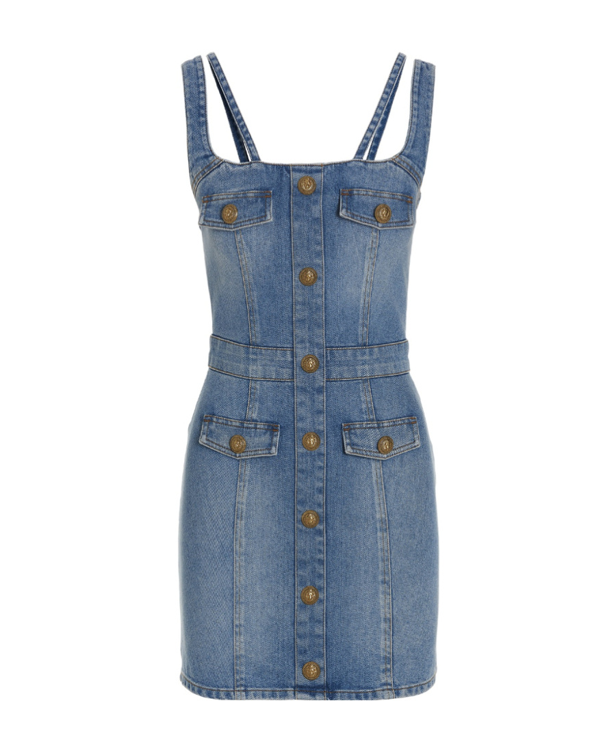 Balmain Button-embellished Stretch-denim Mini Dress In Blue
