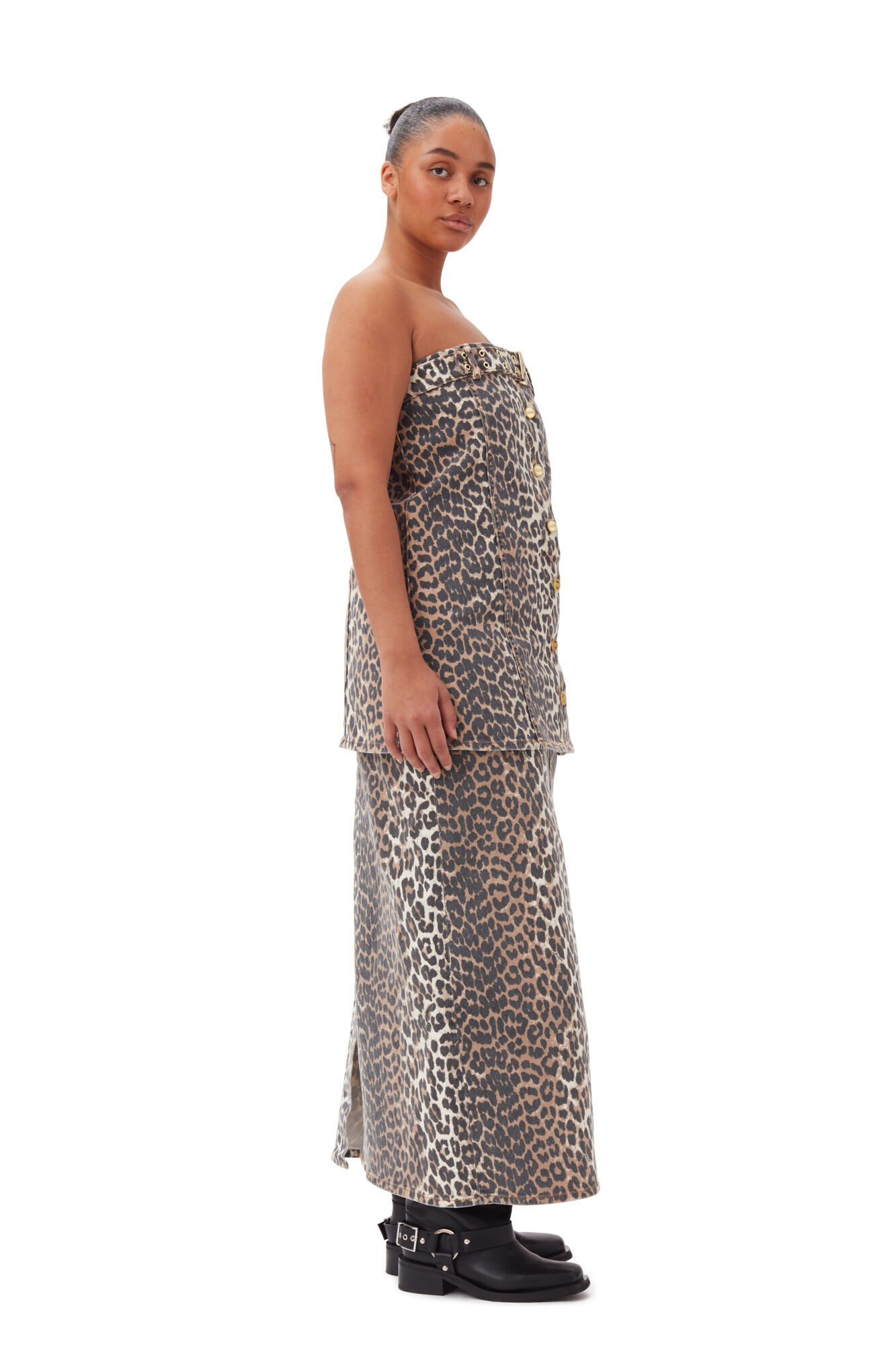 Ganni Leopard-print Strapless Organic-cotton Top In Black