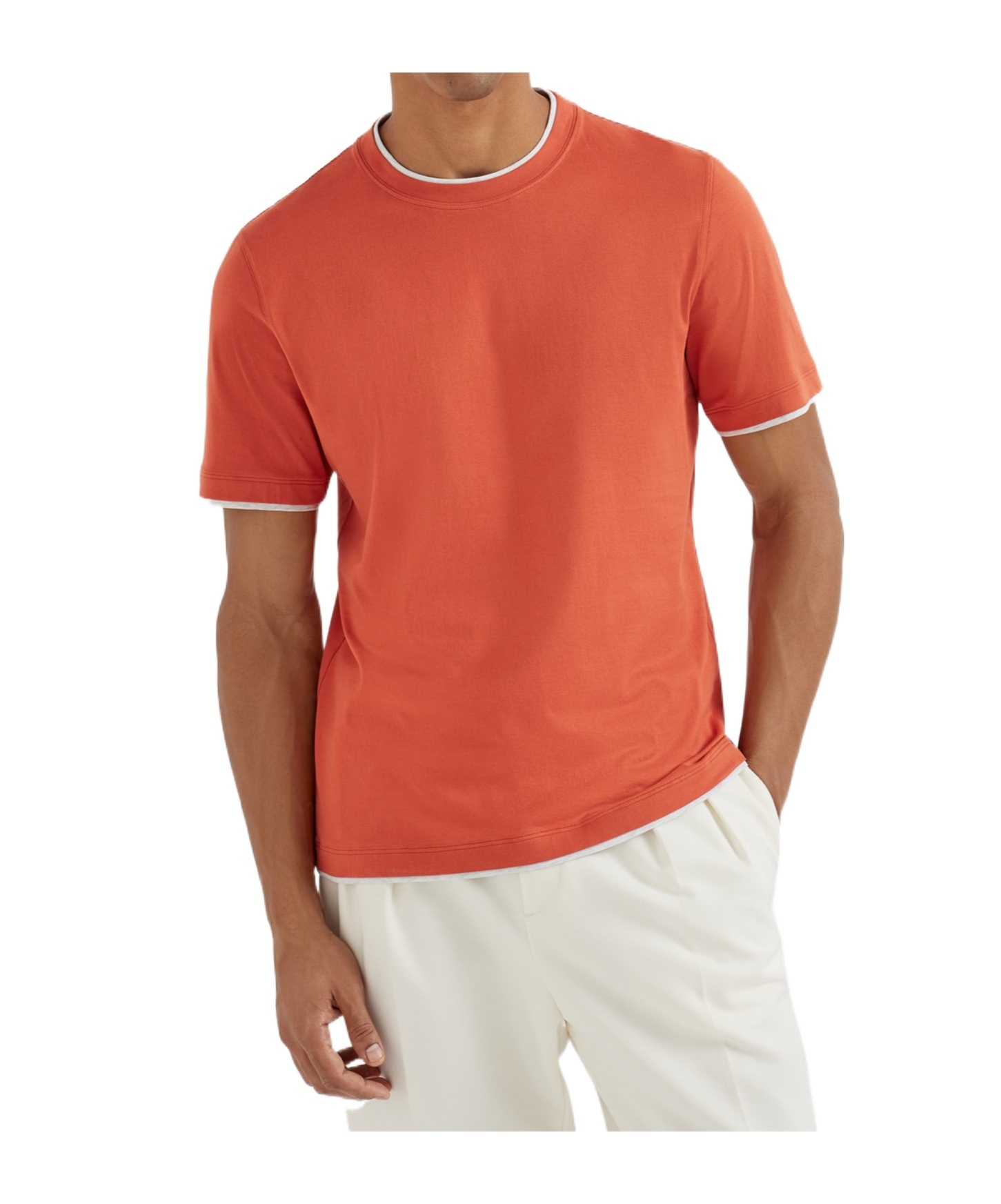 Brunello Cucinelli Contrast-trim Crew-neck T-shirt In Orange