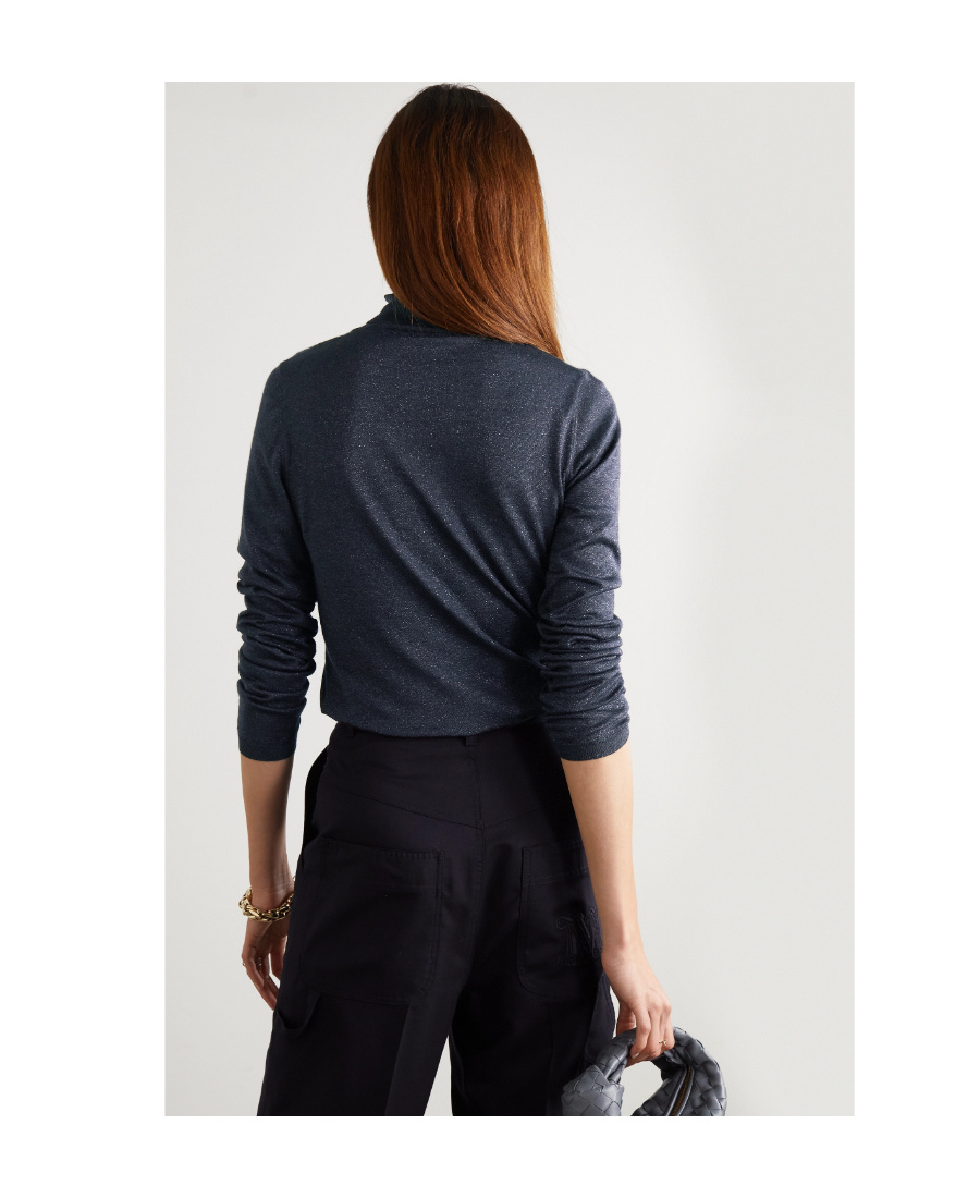 Brunello Cucinelli Navy Blue Metallic Turtleneck Pullover In Black