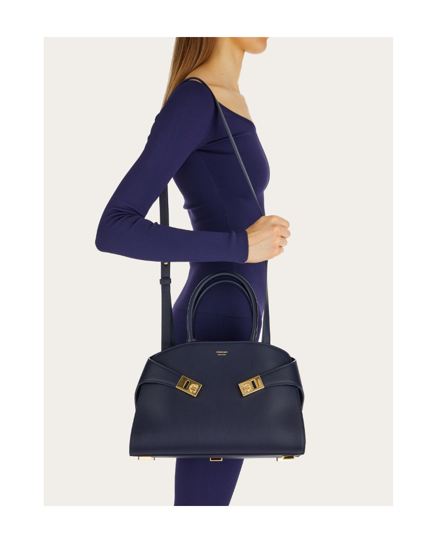 Ferragamo Medium Hug Leather Top Handle Bag In Blue
