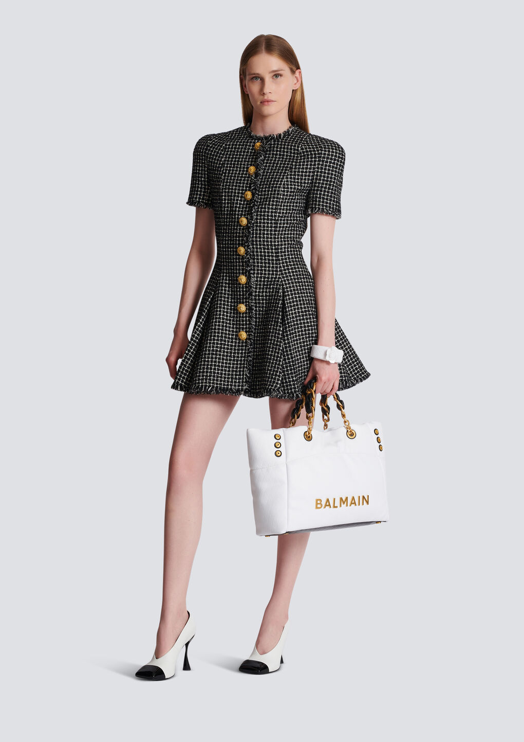 Balmain Pleated Cotton-blend Tweed Minidress In Black