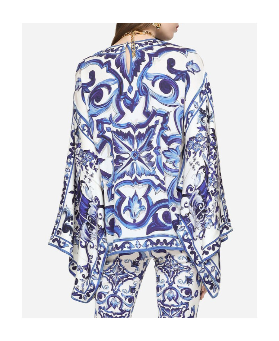Dolce & Gabbana Majolica-print Round Neck Charmeuse Blouse In Blue