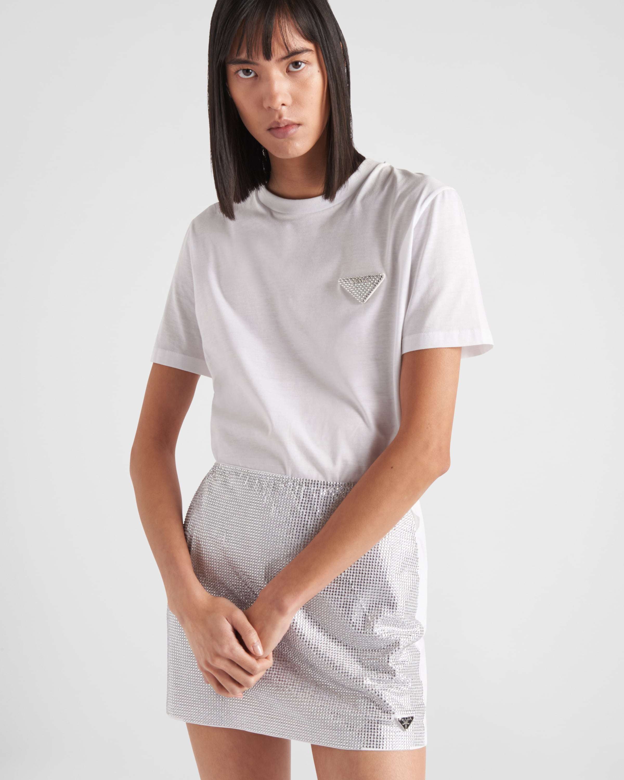 Prada Womens White Logo-plaque Crystal-embellished Cotton T-shirt In White