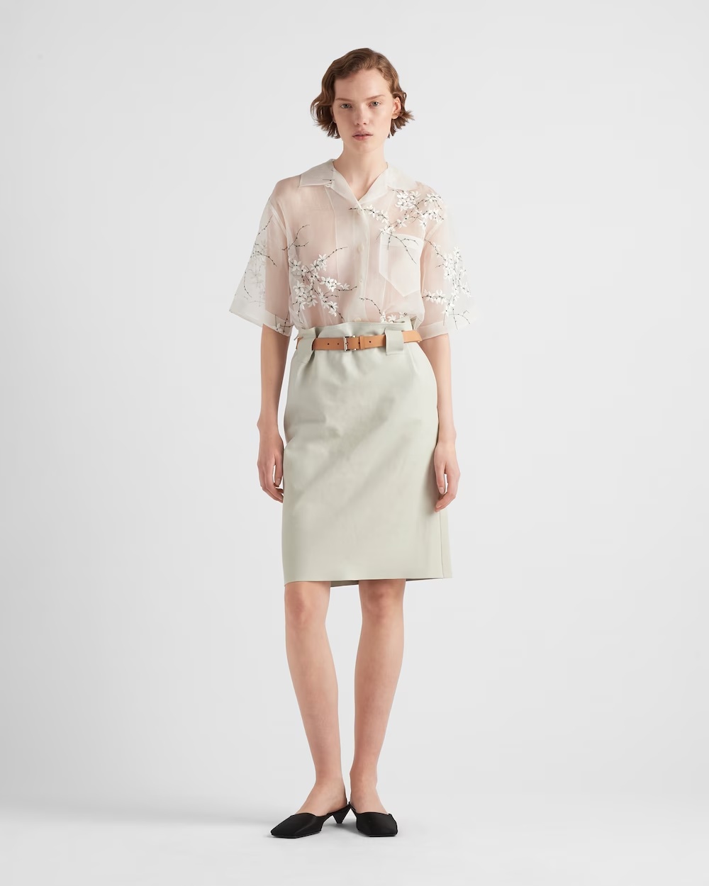 Prada Floral-embroidered Short-sleeved Sheer Shirt In Animal Print