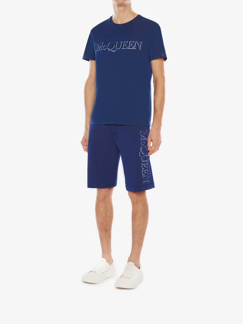 Alexander Mcqueen Men's Shorts With Embroidered Logo In Blue