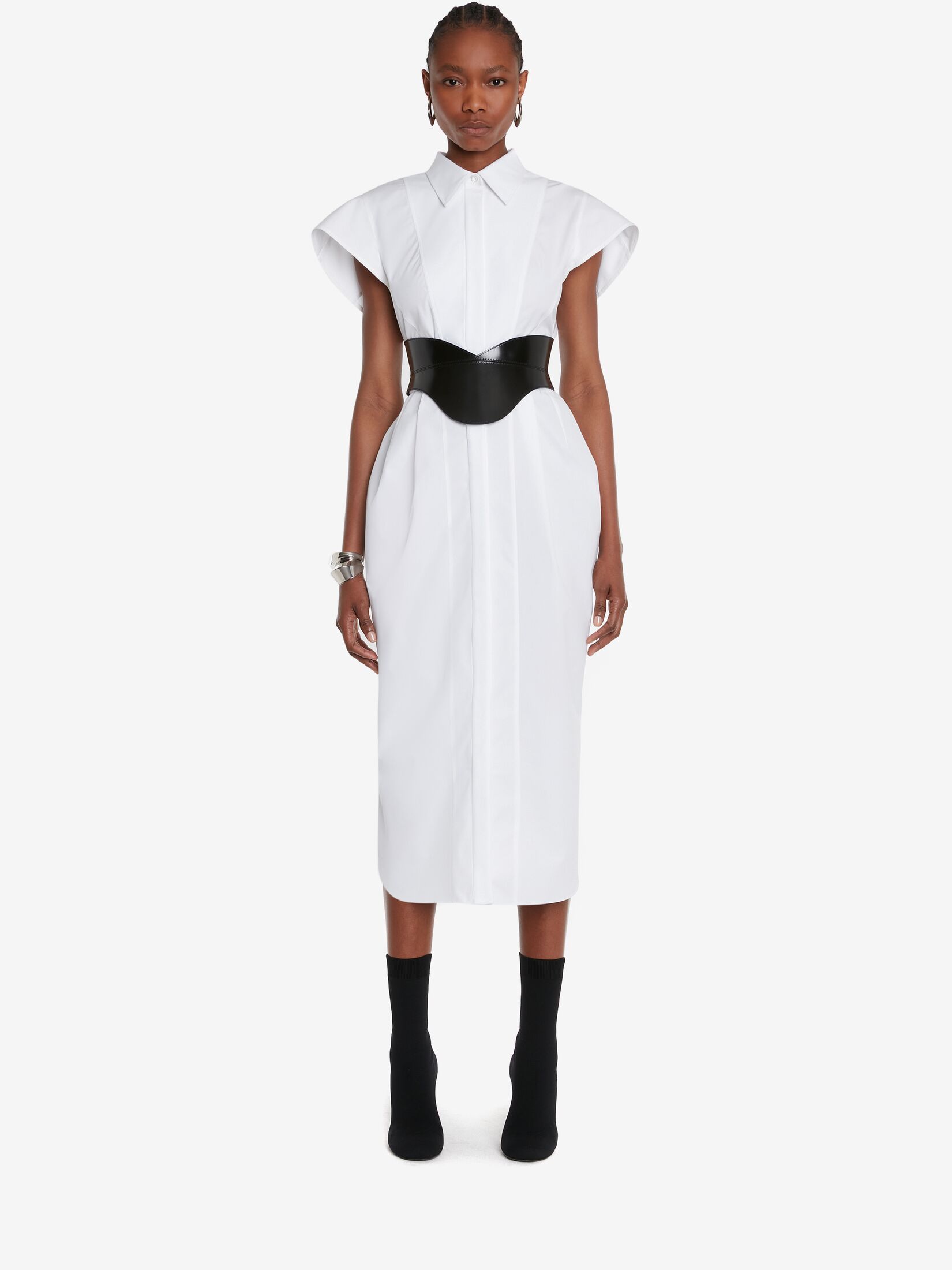 Alexander Mcqueen Collared Short-sleeved Midi Dress In White