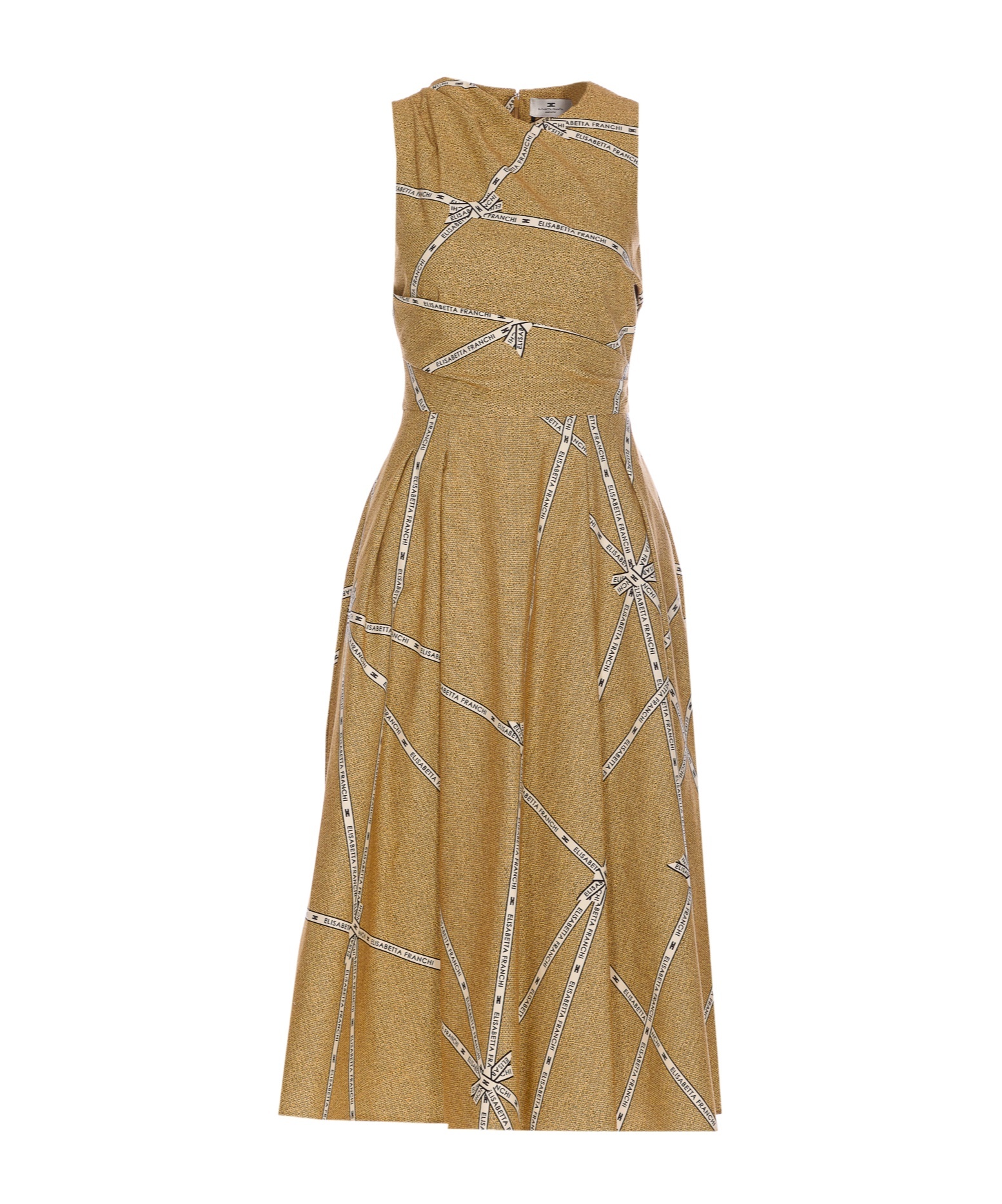 Elisabetta Franchi Midi Dress With Geometric Patterns And Rounded Collar In Brown