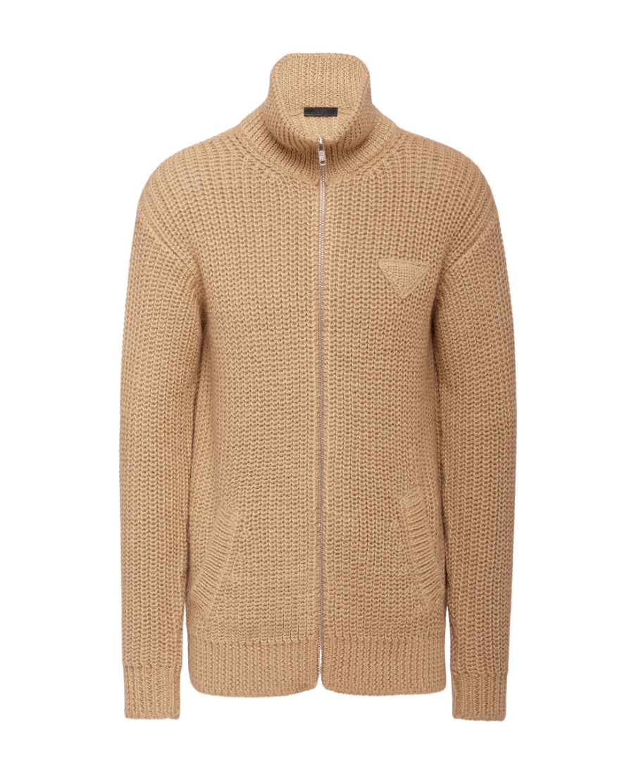 Prada Logo Cardigan In Camel Brown