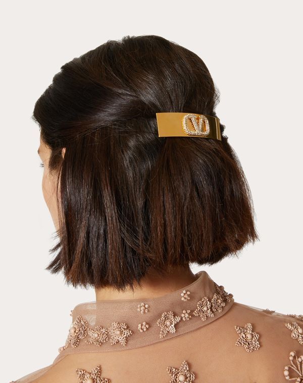 Shop Valentino Vlogo Signature Hair Clip Made In Metal And Swarovski Crystals In Yellow