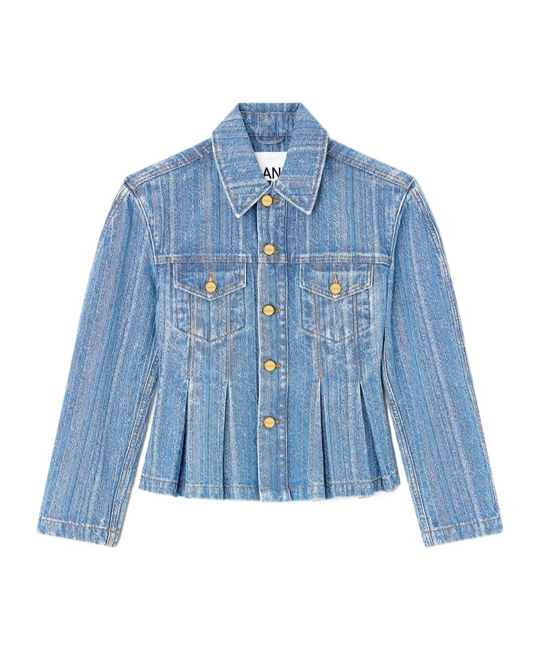Ganni Striped Denim Pleated Jacket In Blue