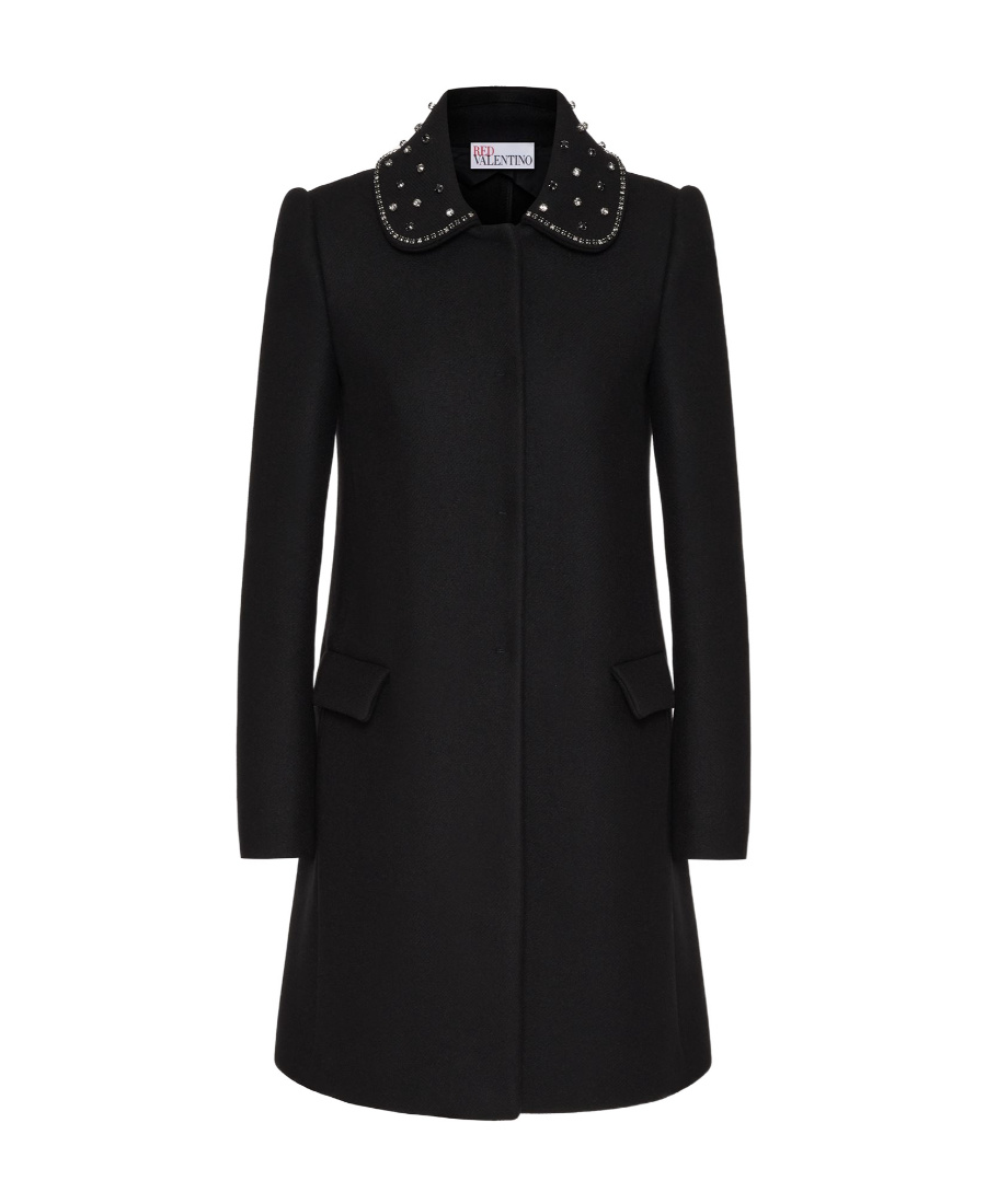 Red Valentino Water Drill Decorated Wool Cashmere Coat In Black