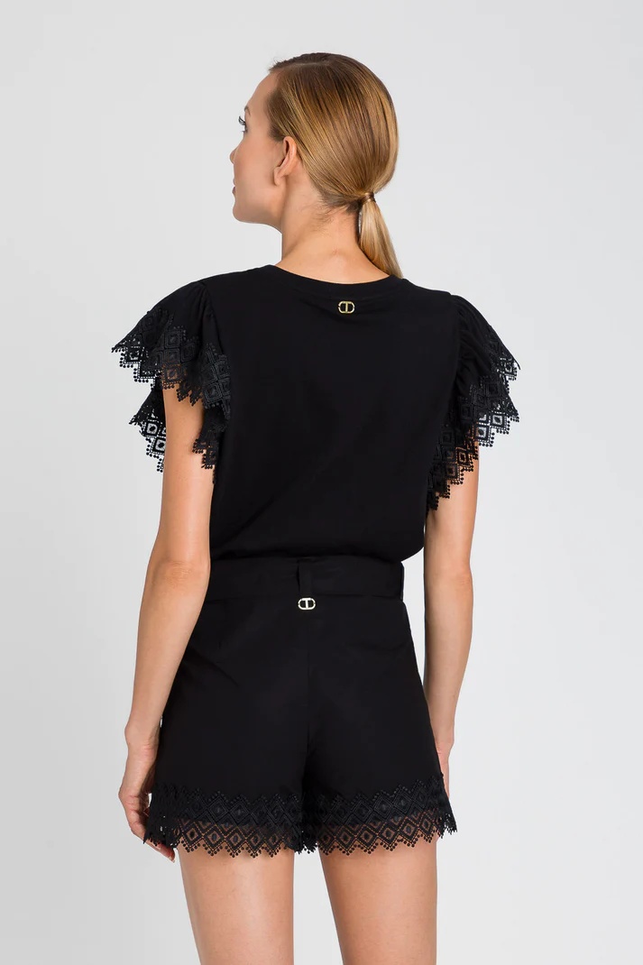 Shop Twinset Lace-trim Mini Shorts In Black
