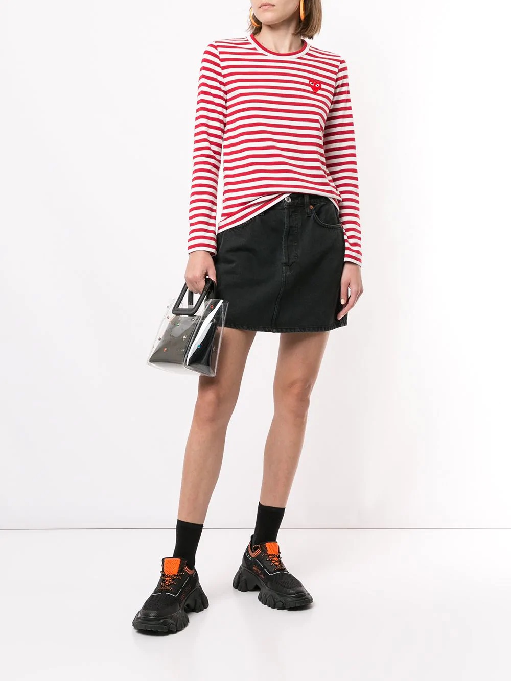 Comme Des Garçons Play Little Red Heart Striped T-shirt In White