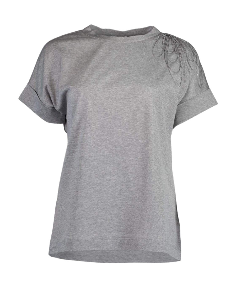 Brunello Cucinelli T-shirt With Embroidered Detail At Shoulder In Gray