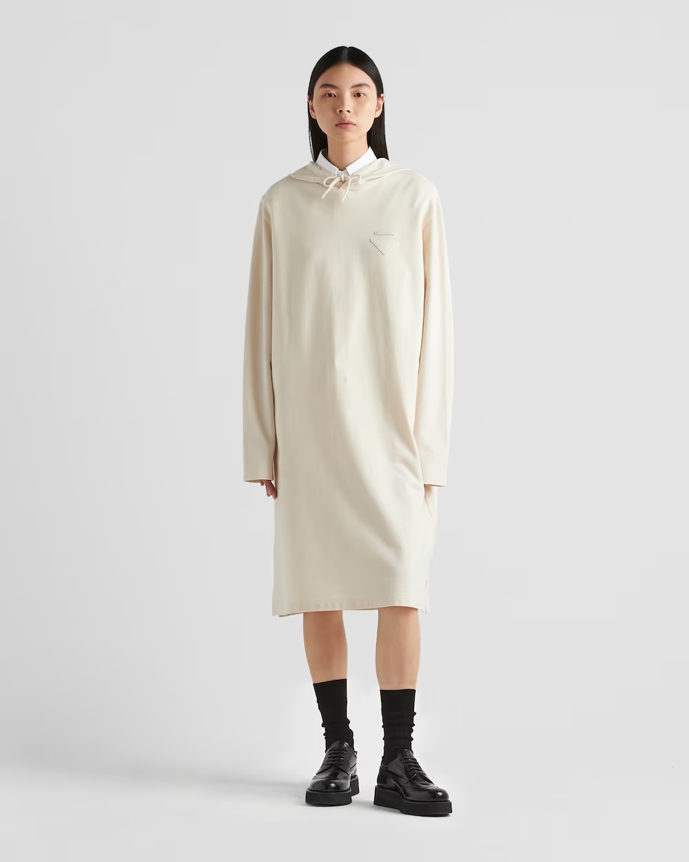 Prada Triangle-logo Fleece Hoodie Dress In Nude