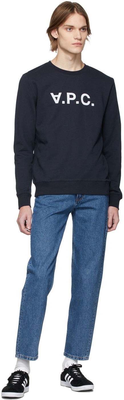 Apc Navy Blue Logo Round-neck Pullover Hoodie In Black