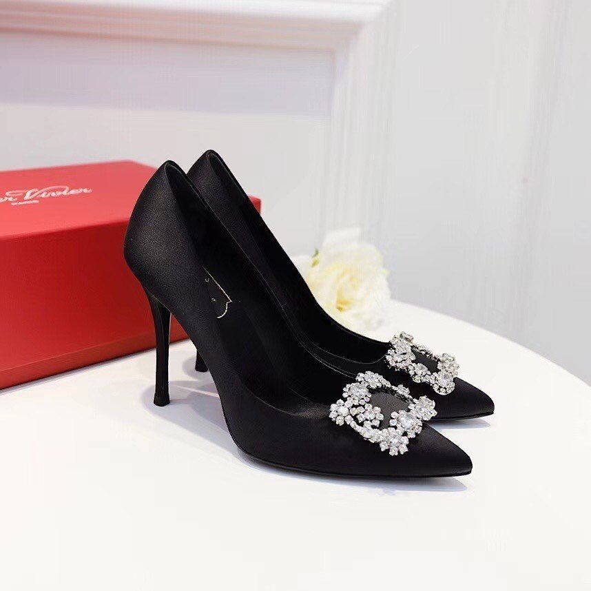 Roger Vivier 65 Crystal Flower Buckle Satin Pumps In Black