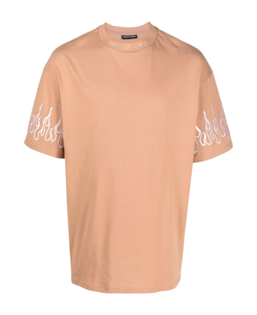 Vision Of Super Flame-embroidered Cotton T-shirt In Nude