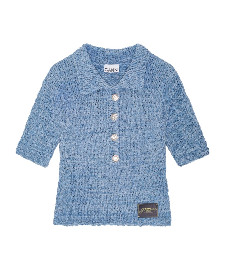 GANNI BLUE DENIM HANDKNIT POLO 