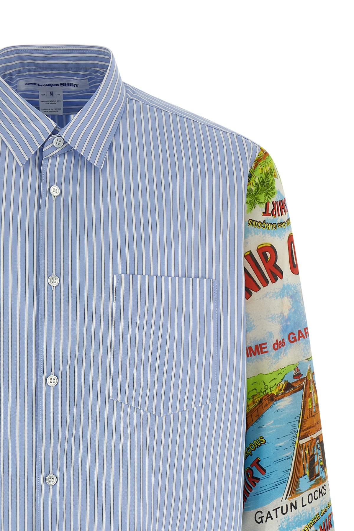 Comme Des Garçons Patterned Sleeve Cotton Poplin Shirt With Asymmetrical Hem In Blue